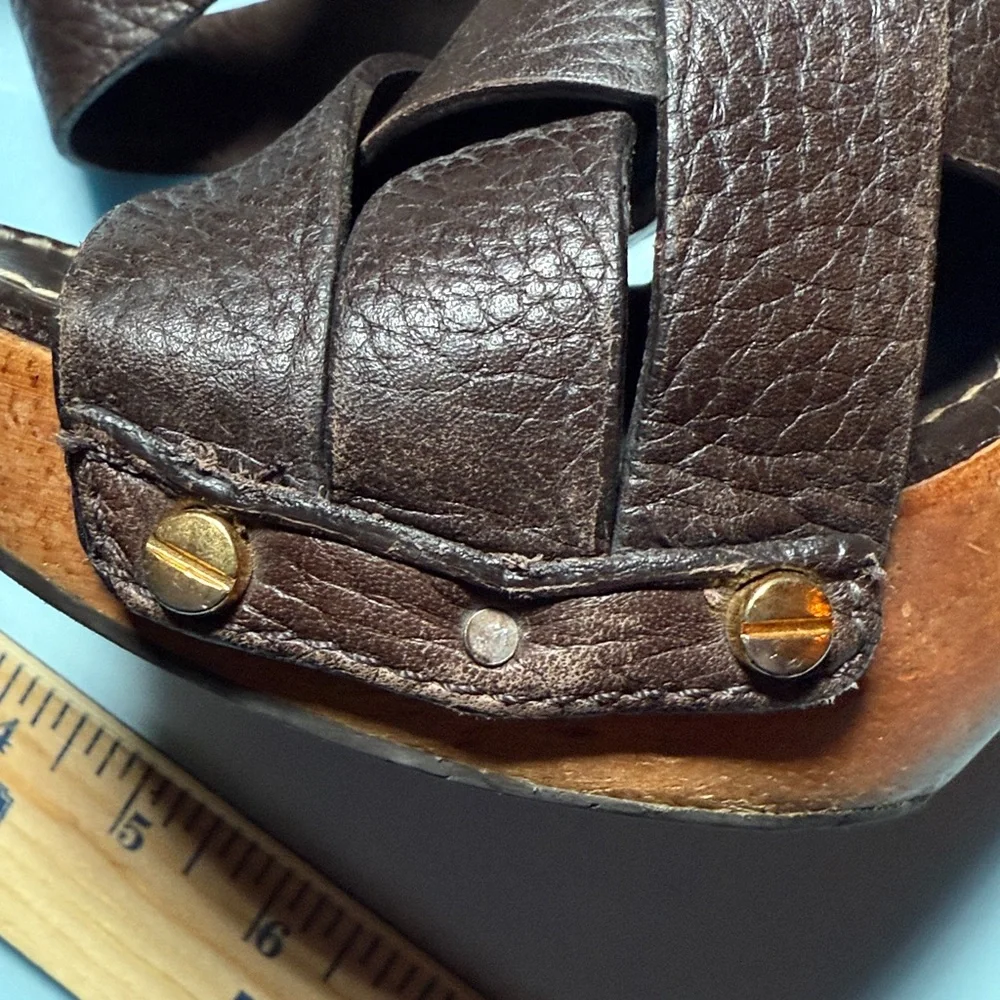 TORY BURCH Women’s 8 M Jodie Brown Leather Woven Platform Heel Sandals - Picture 14 of 15